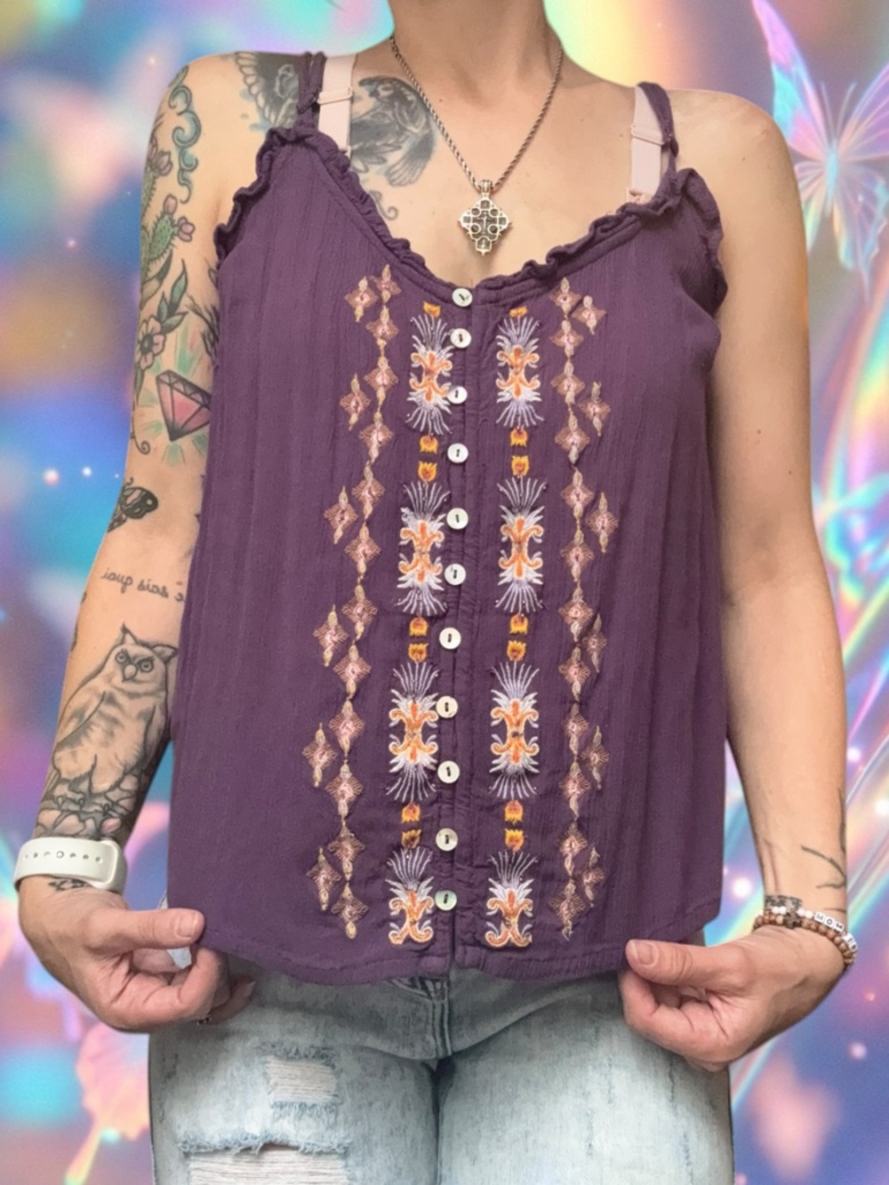 Women’s Purple Embroidered Faux Button-Front Tank Top